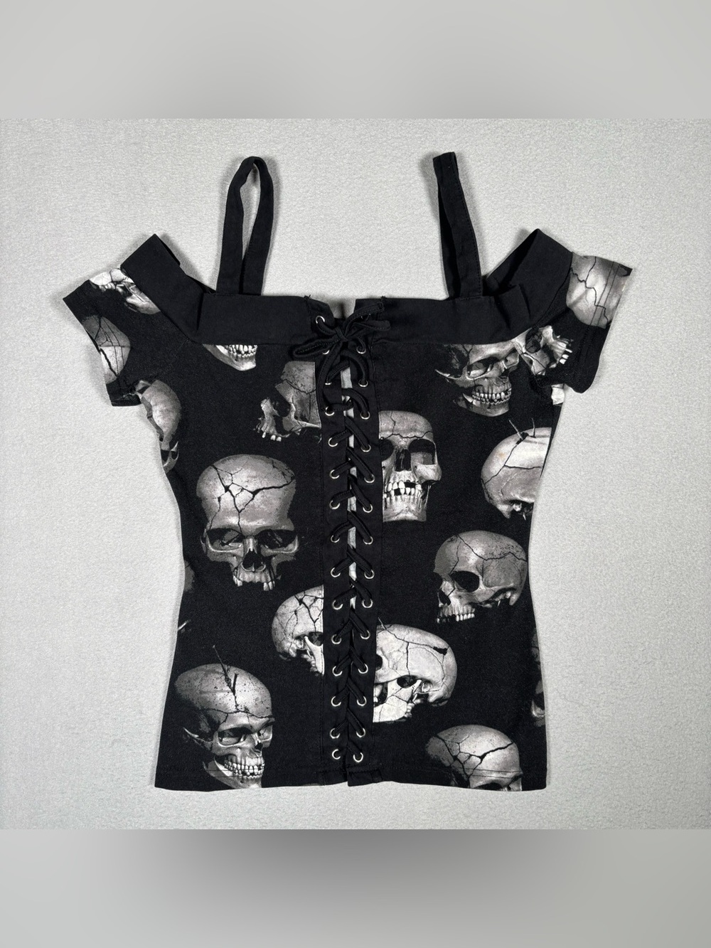 Killstar Mind Freeze Bardot Off The Shoulder Top Women’s XS Black Skulls Gothic